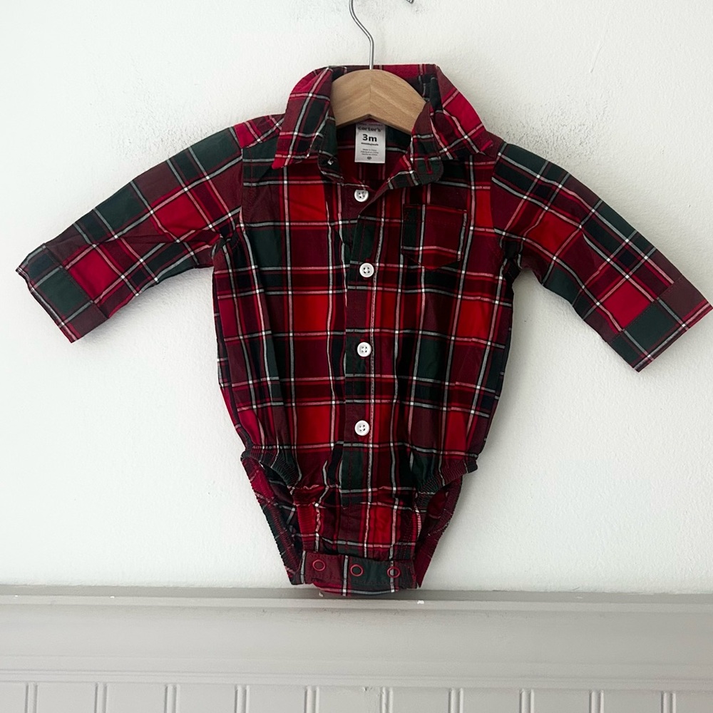 Carter's 3 Months Red Green Button Up Plaid Baby Bodysuit